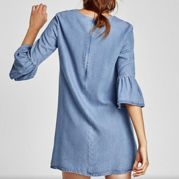 Zara Chambray Ruffle 3/4 Sleeve Light Denim Mini Dress Size M - Picture 12 of 12